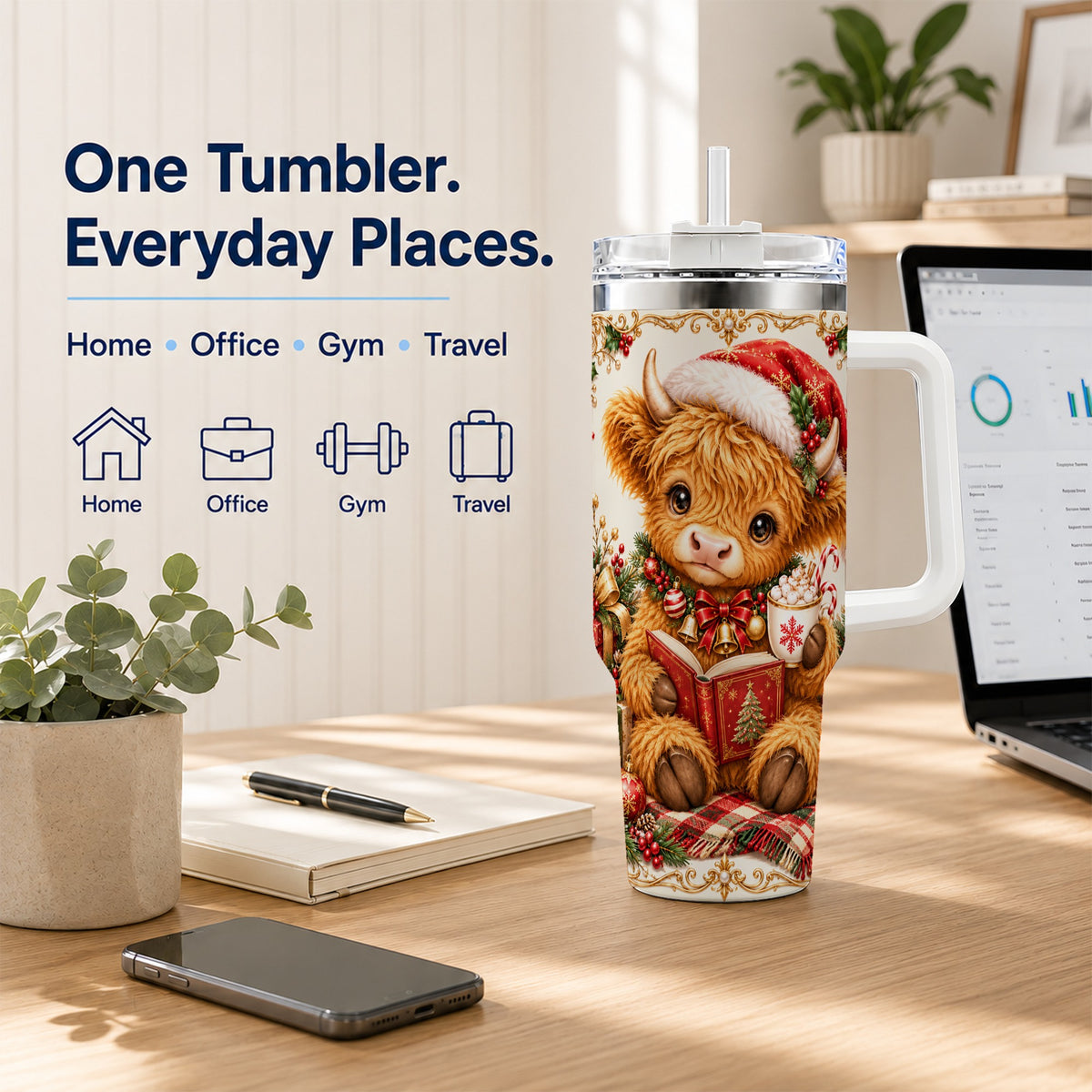 Reading Cow 40oz Tumbler, Christmas Stainless Steel Travel Cup
