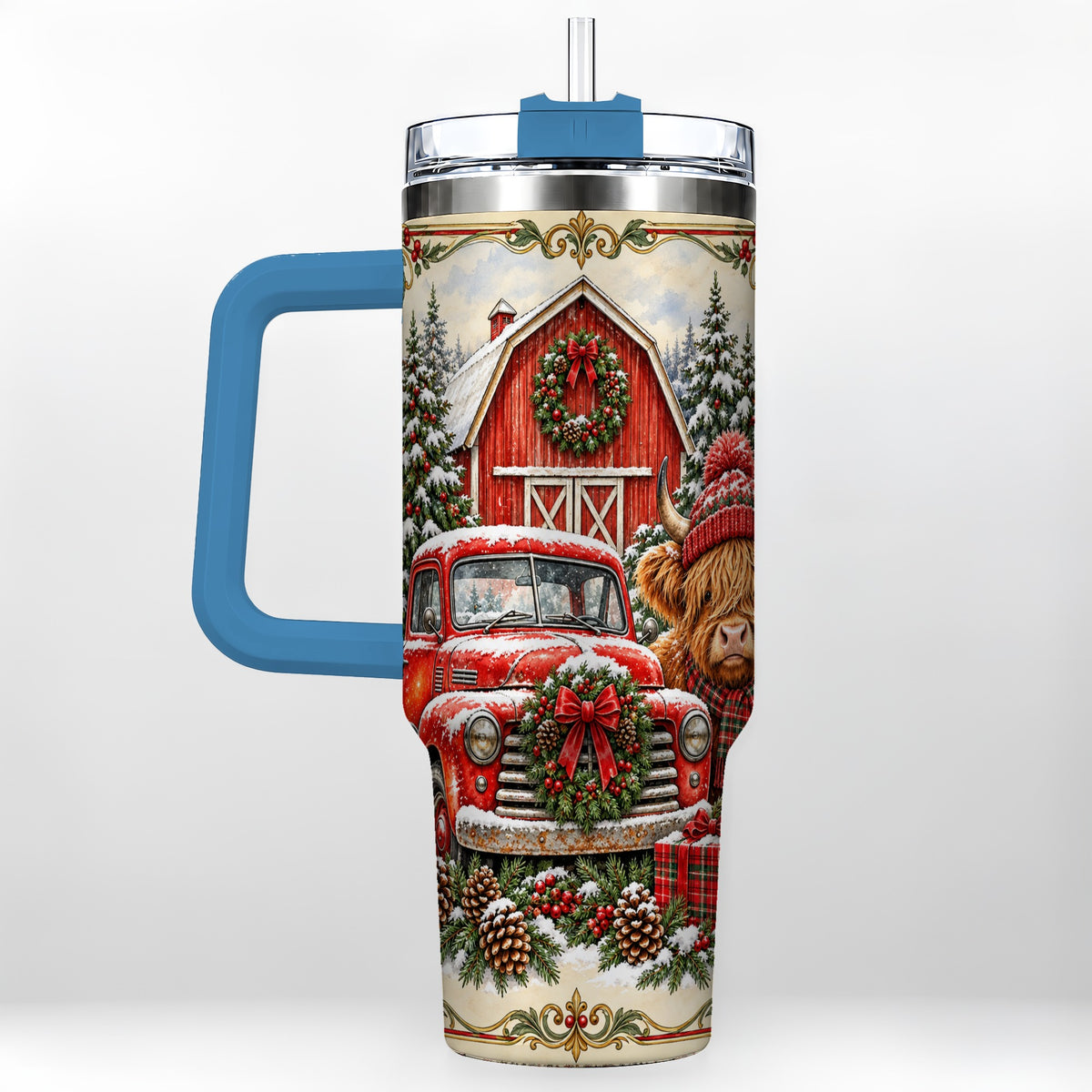 #pl[40oz|Blue] Highland Cow Christmas 40oz Tumbler with Handle, Farmhouse Travel Cup