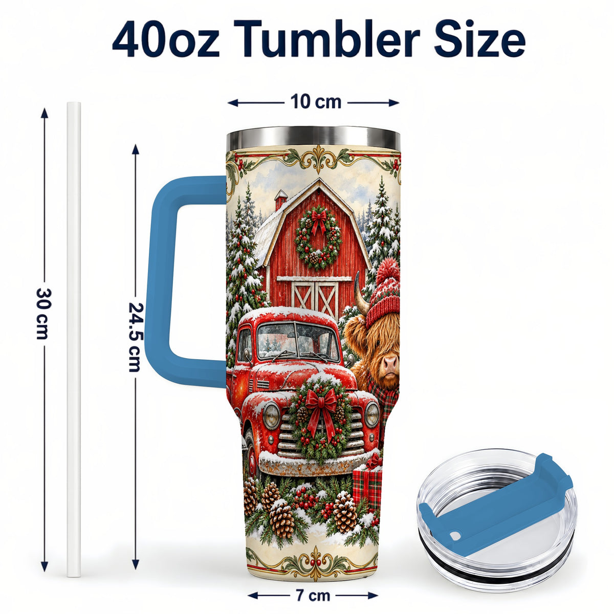 #pl[40oz|Blue] Highland Cow Christmas 40oz Tumbler with Handle, Farmhouse Travel Cup