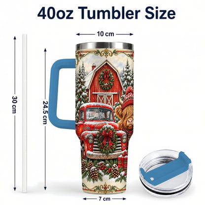 #pl[40oz|Blue] Highland Cow Christmas 40oz Tumbler with Handle, Farmhouse Travel Cup