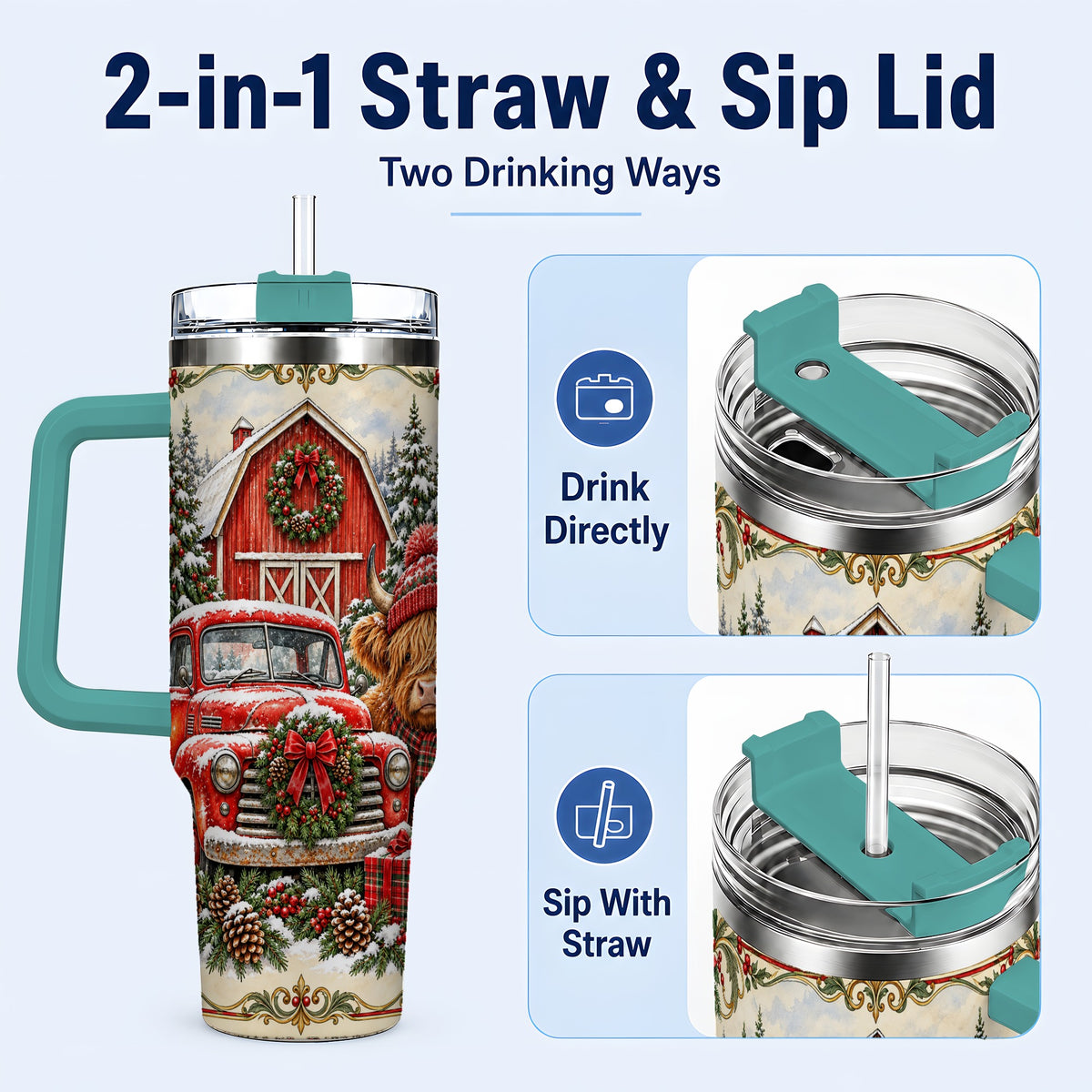 #pl[40oz|Green] Highland Cow Christmas 40oz Tumbler with Handle, Farmhouse Travel Cup