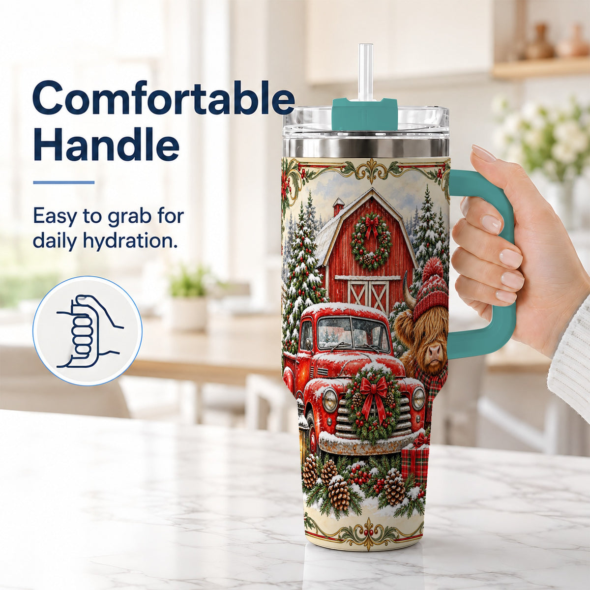 #pl[40oz|Green] Highland Cow Christmas 40oz Tumbler with Handle, Farmhouse Travel Cup