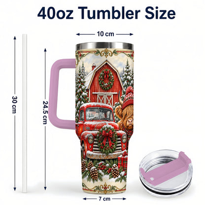 #pl[40oz|Pink] Highland Cow Christmas 40oz Tumbler with Handle, Farmhouse Travel Cup