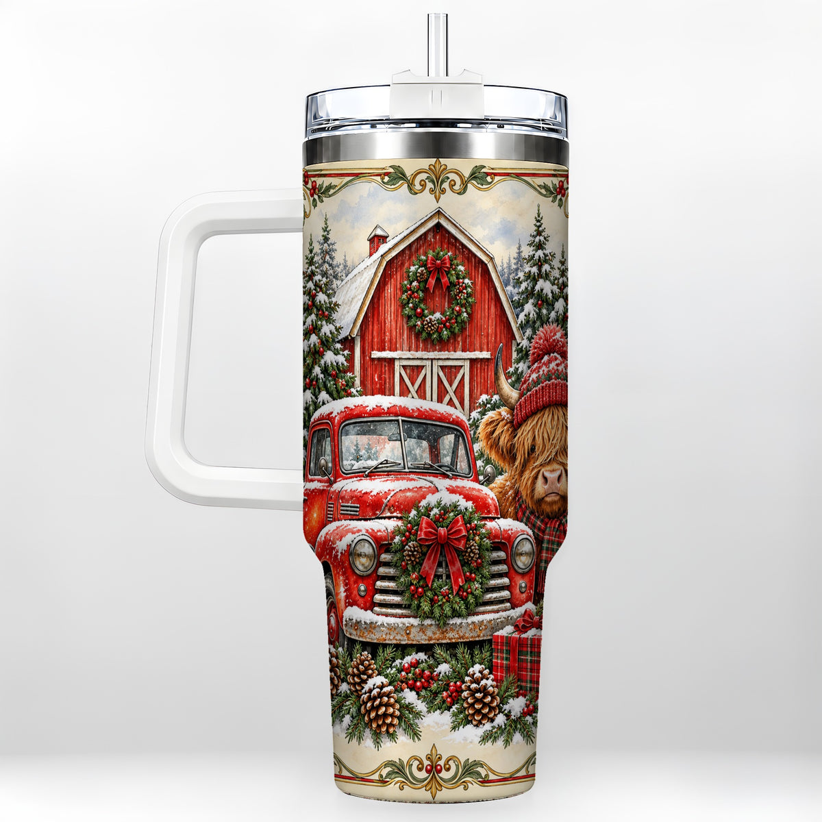 Highland Cow Christmas 40oz Tumbler with Handle, Farmhouse Travel Cup