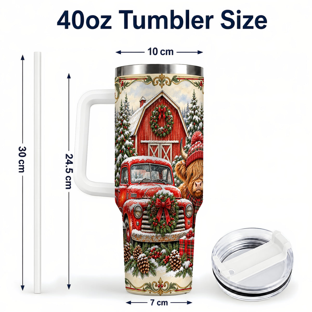 #pl[40oz|White] Highland Cow Christmas 40oz Tumbler with Handle, Farmhouse Travel Cup