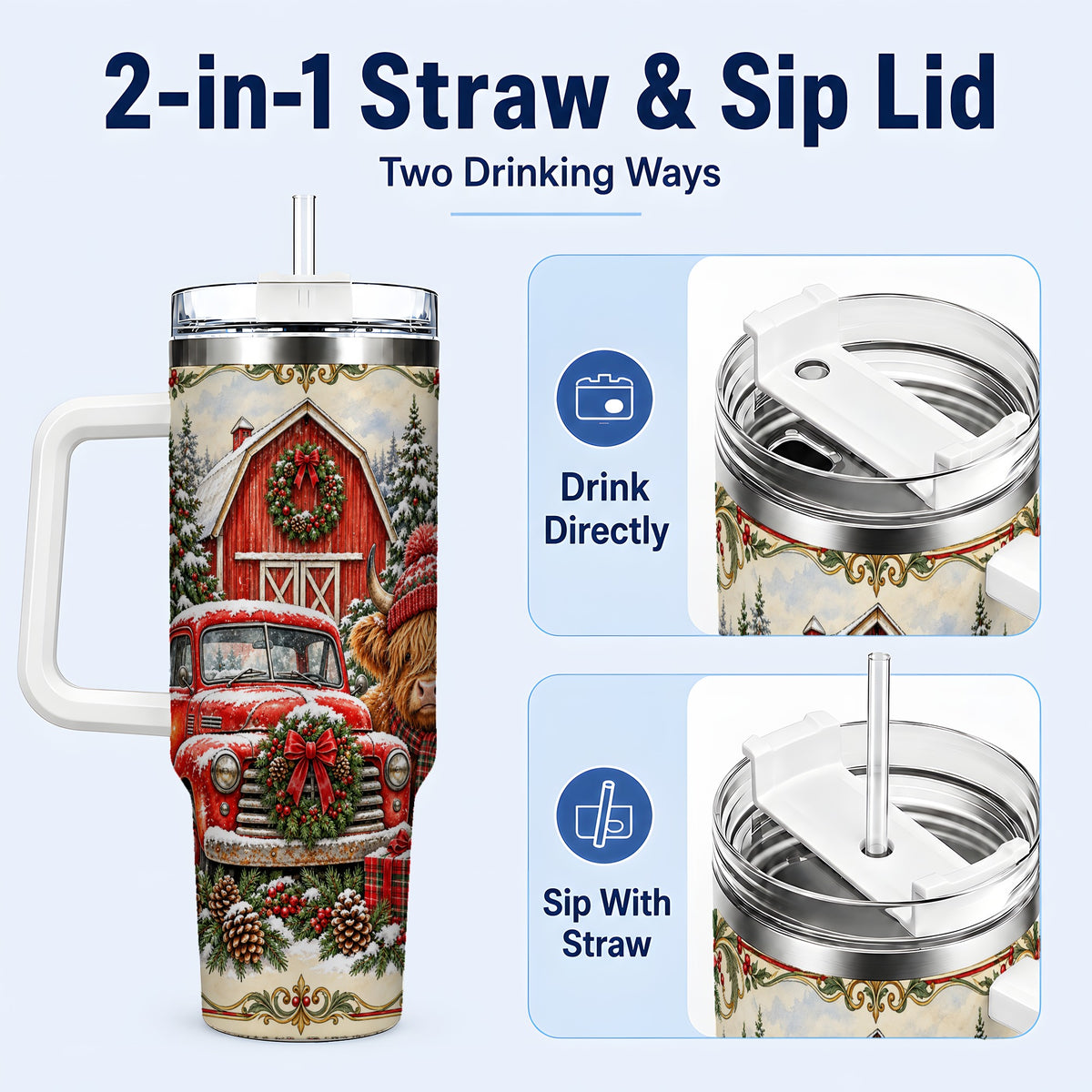 #pl[40oz|White] Highland Cow Christmas 40oz Tumbler with Handle, Farmhouse Travel Cup