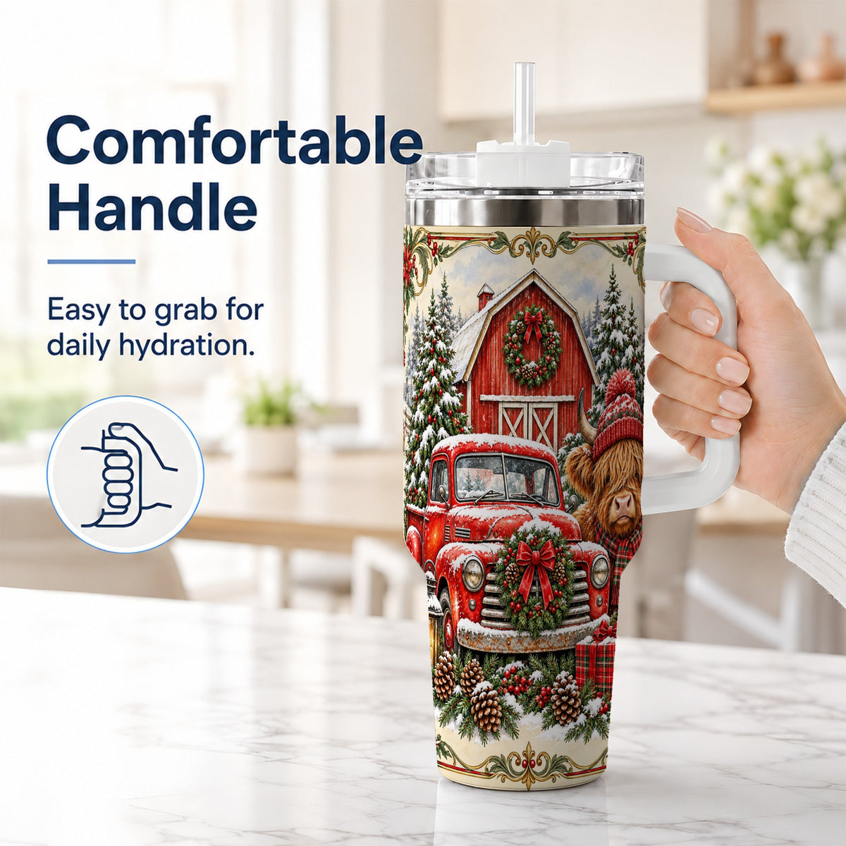 #pl[40oz|White] Highland Cow Christmas 40oz Tumbler with Handle, Farmhouse Travel Cup