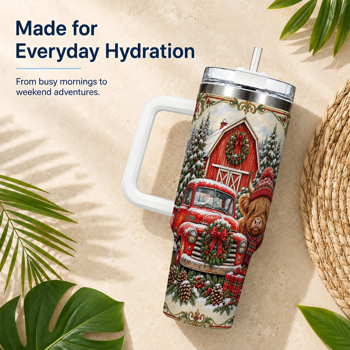 Highland Cow Christmas 40oz Tumbler with Handle, Farmhouse Travel Cup