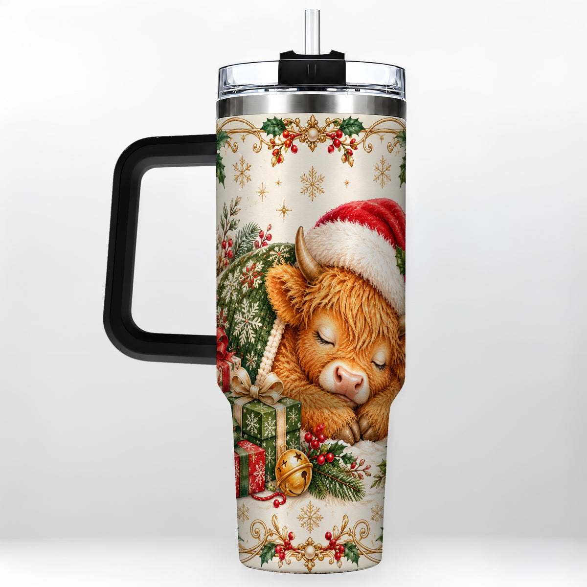 #pl[40oz|Black] Sleeping Highland Cow 40oz Tumbler with Handle, Cozy Winter Travel Cup