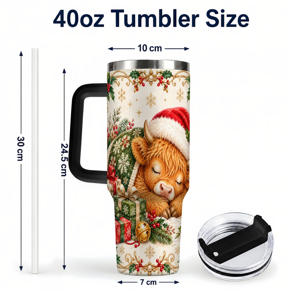 #pl[40oz|Black] Sleeping Highland Cow 40oz Tumbler with Handle, Cozy Winter Travel Cup