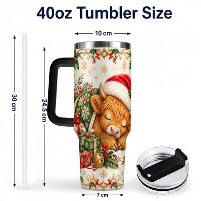 #pl[40oz|Black] Sleeping Highland Cow 40oz Tumbler with Handle, Cozy Winter Travel Cup