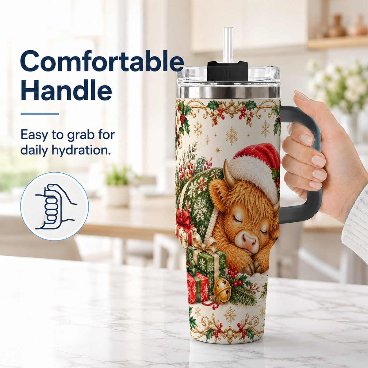 #pl[40oz|Black] Sleeping Highland Cow 40oz Tumbler with Handle, Cozy Winter Travel Cup