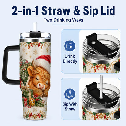 #pl[40oz|Black] Sleeping Highland Cow 40oz Tumbler with Handle, Cozy Winter Travel Cup