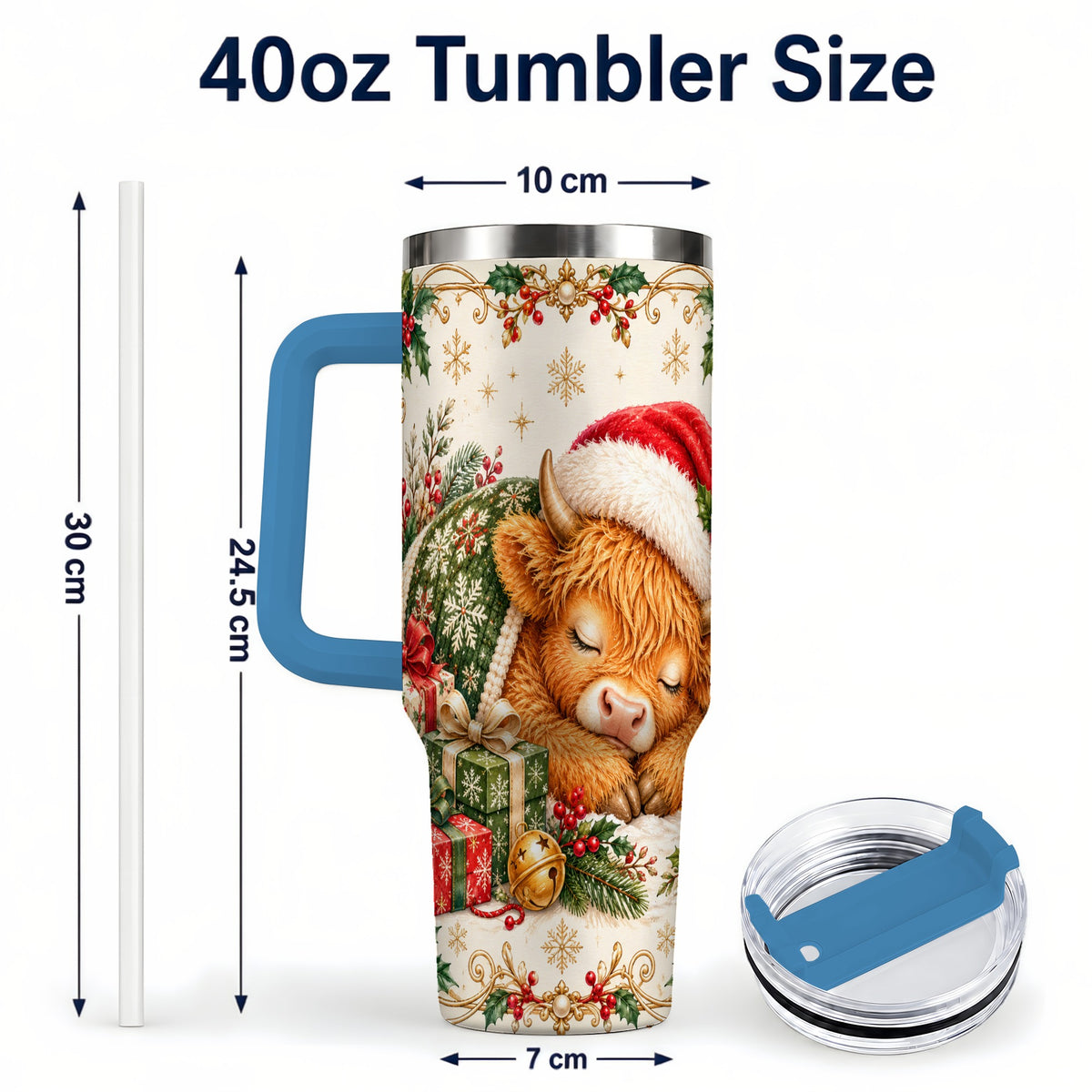 #pl[40oz|Blue] Sleeping Highland Cow 40oz Tumbler with Handle, Cozy Winter Travel Cup