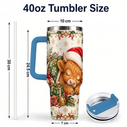 #pl[40oz|Blue] Sleeping Highland Cow 40oz Tumbler with Handle, Cozy Winter Travel Cup