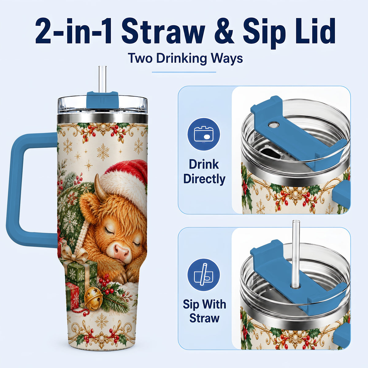 #pl[40oz|Blue] Sleeping Highland Cow 40oz Tumbler with Handle, Cozy Winter Travel Cup