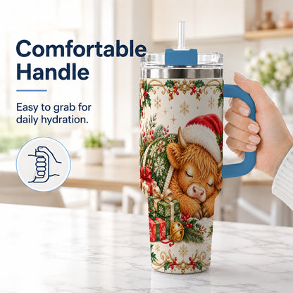 #pl[40oz|Blue] Sleeping Highland Cow 40oz Tumbler with Handle, Cozy Winter Travel Cup