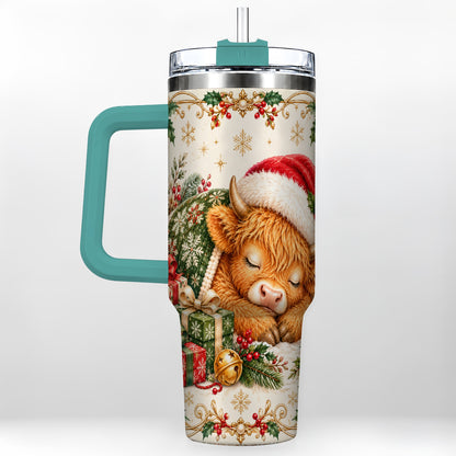 #pl[40oz|Green] Sleeping Highland Cow 40oz Tumbler with Handle, Cozy Winter Travel Cup