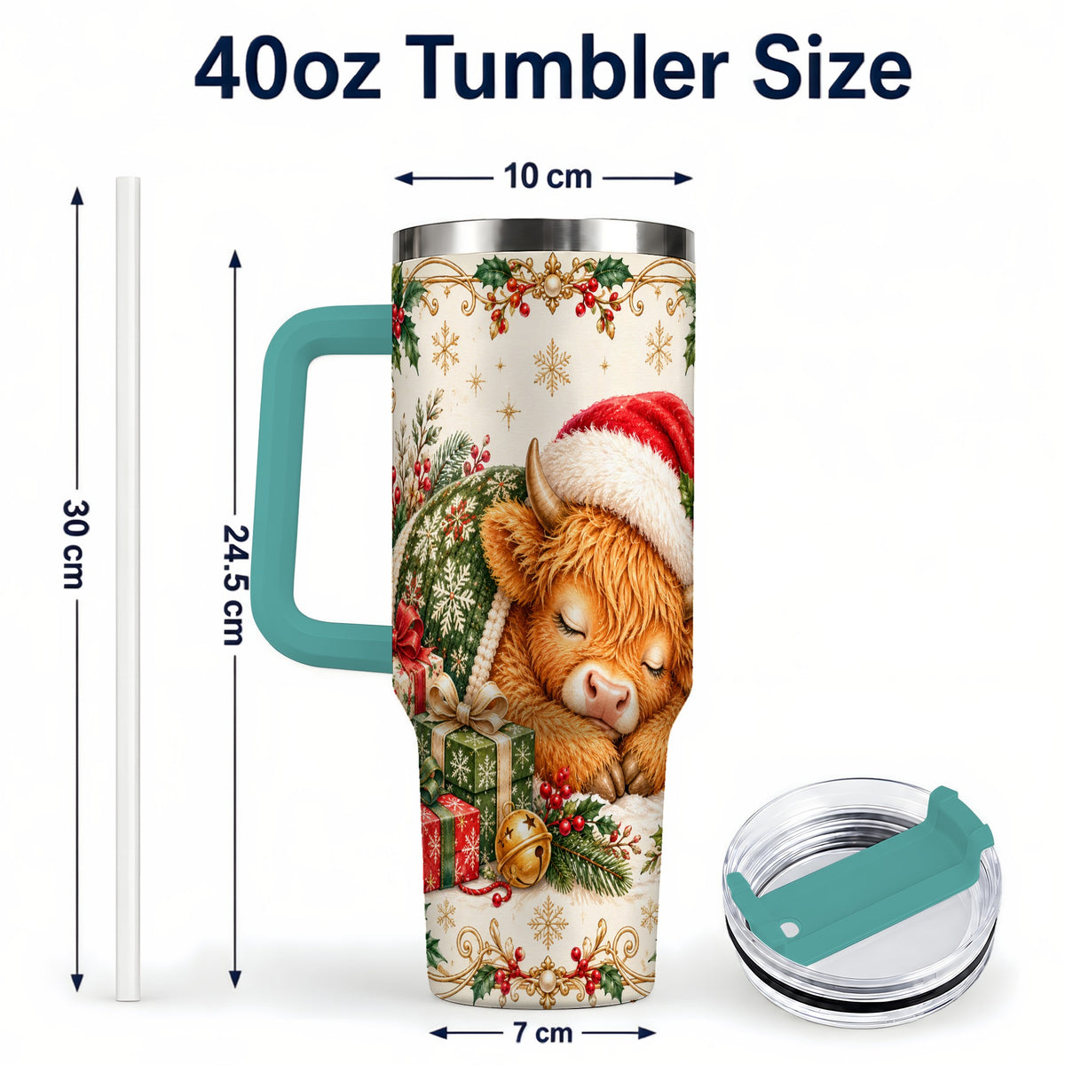 #pl[40oz|Green] Sleeping Highland Cow 40oz Tumbler with Handle, Cozy Winter Travel Cup