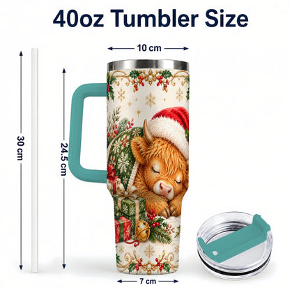 #pl[40oz|Green] Sleeping Highland Cow 40oz Tumbler with Handle, Cozy Winter Travel Cup