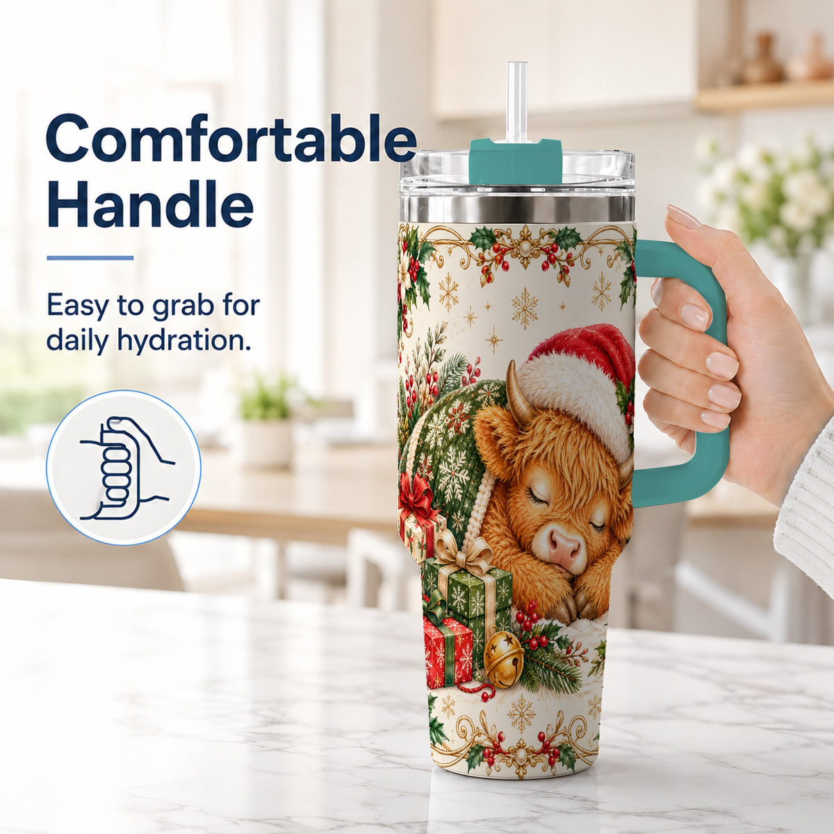 #pl[40oz|Green] Sleeping Highland Cow 40oz Tumbler with Handle, Cozy Winter Travel Cup