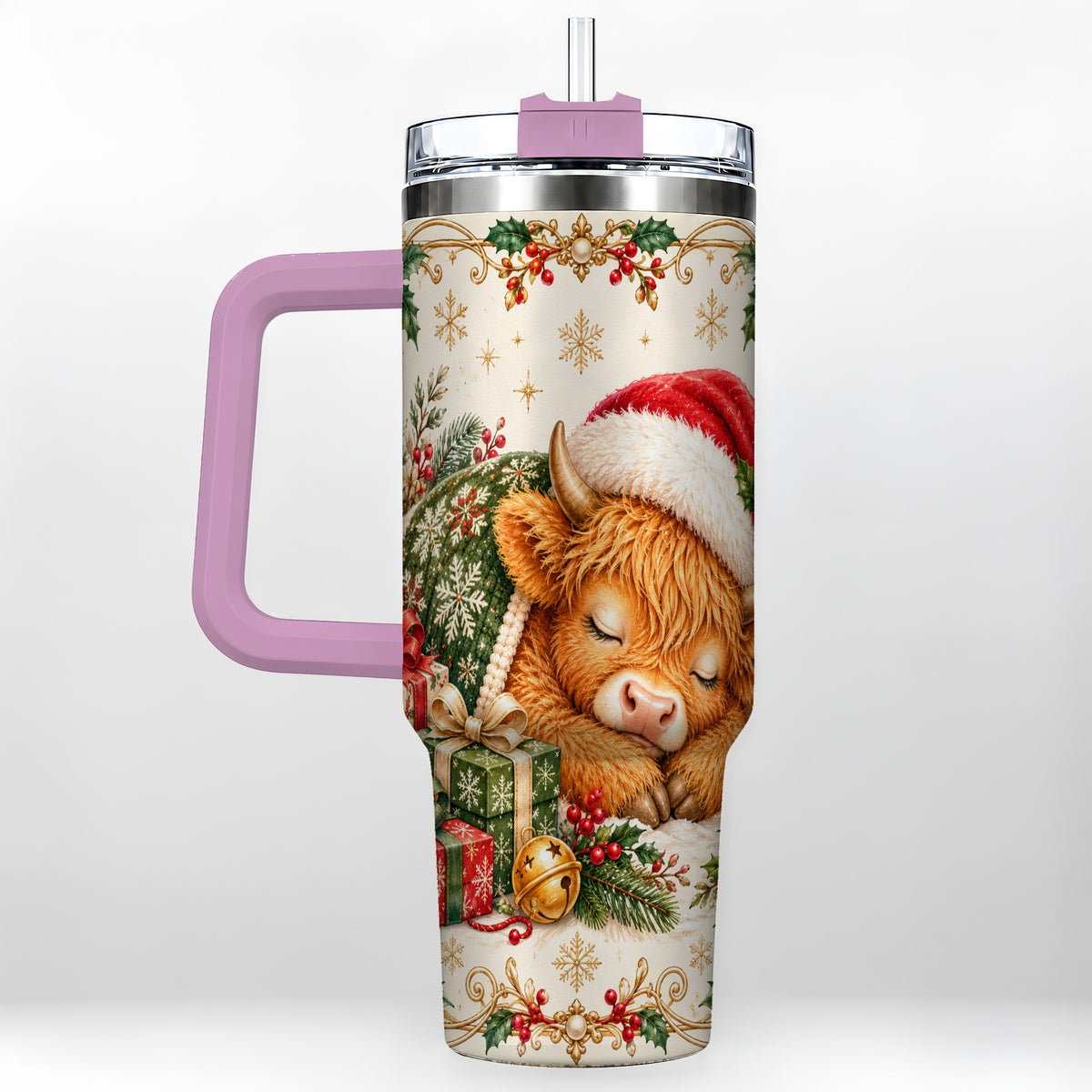 #pl[40oz|Pink] Sleeping Highland Cow 40oz Tumbler with Handle, Cozy Winter Travel Cup
