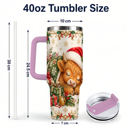 #pl[40oz|Pink] Sleeping Highland Cow 40oz Tumbler with Handle, Cozy Winter Travel Cup
