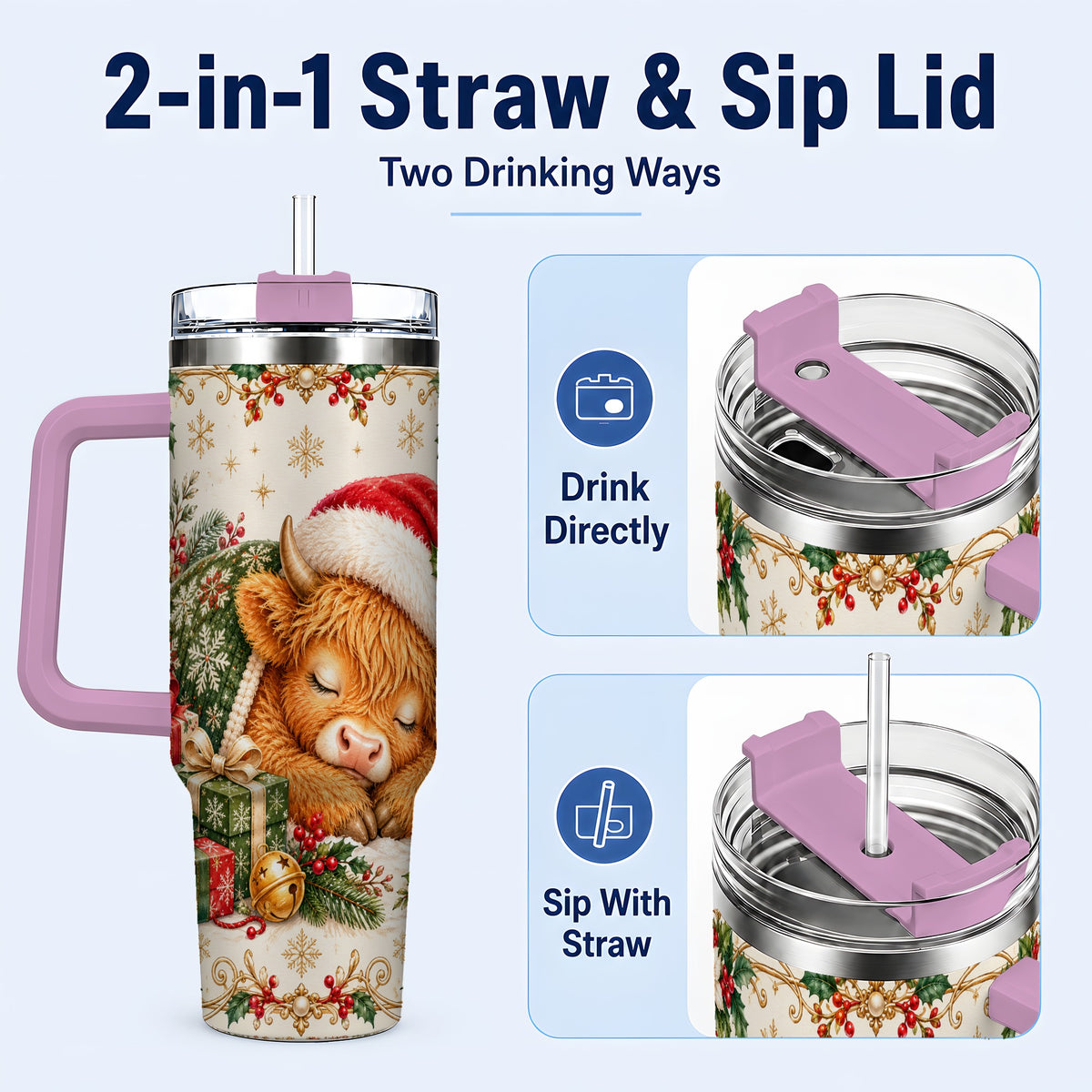 #pl[40oz|Pink] Sleeping Highland Cow 40oz Tumbler with Handle, Cozy Winter Travel Cup