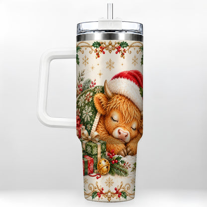 Sleeping Highland Cow 40oz Tumbler with Handle, Cozy Winter Travel Cup