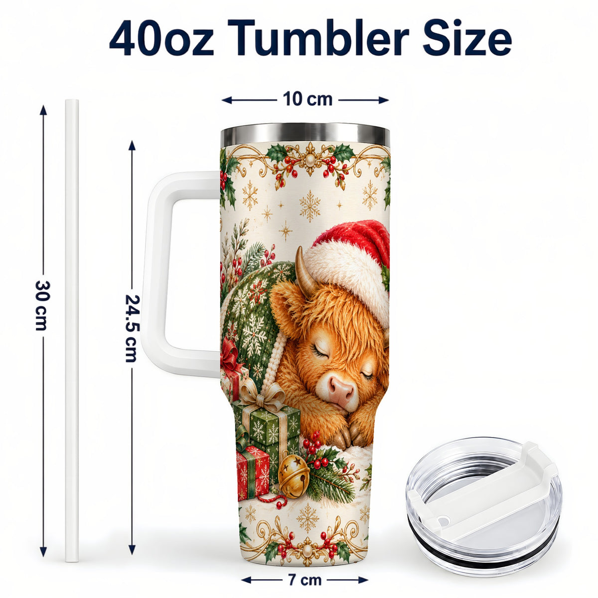 #pl[40oz|White] Sleeping Highland Cow 40oz Tumbler with Handle, Cozy Winter Travel Cup