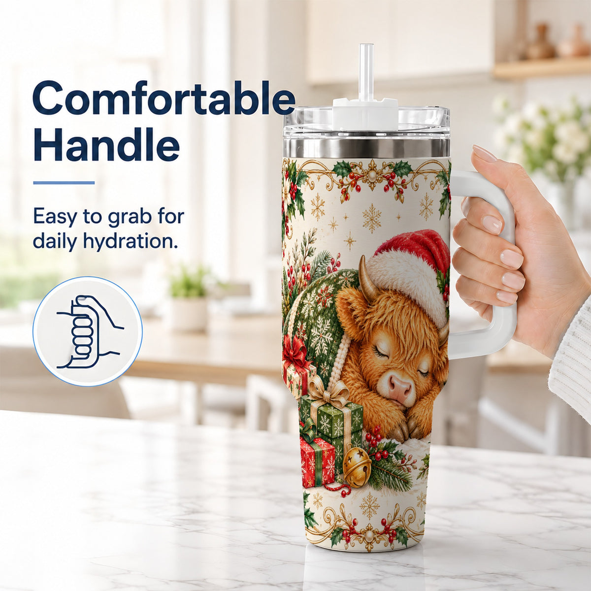 #pl[40oz|White] Sleeping Highland Cow 40oz Tumbler with Handle, Cozy Winter Travel Cup