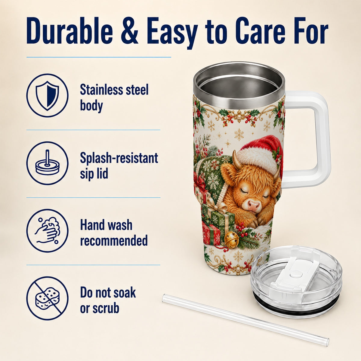 Sleeping Highland Cow 40oz Tumbler with Handle, Cozy Winter Travel Cup