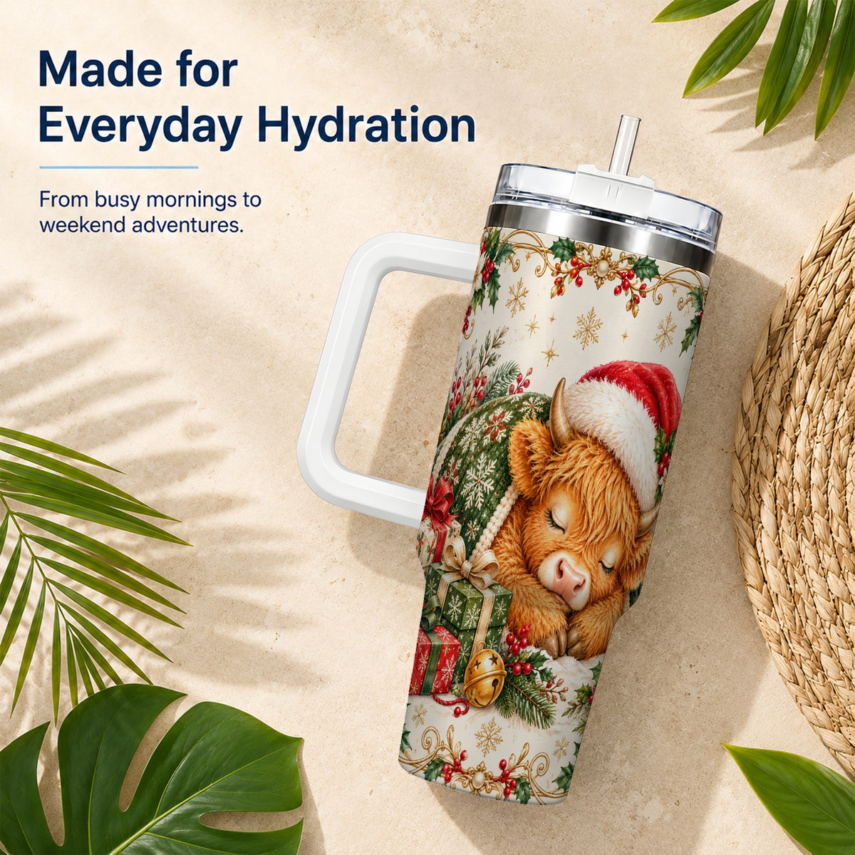 Sleeping Highland Cow 40oz Tumbler with Handle, Cozy Winter Travel Cup