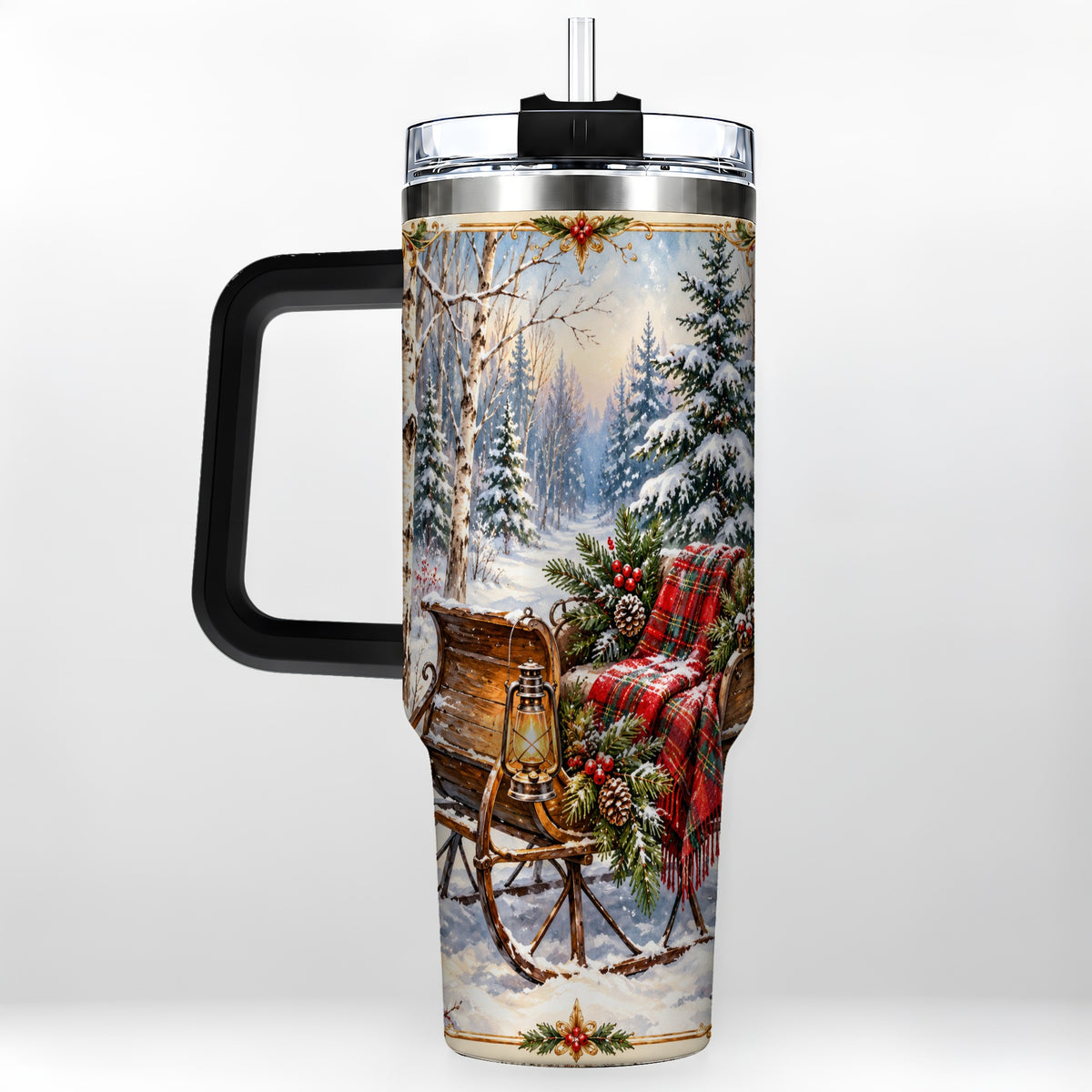 #pl[40oz|Black] Christmas Sleigh 40oz Tumbler with Handle, Winter Woodland Travel Cup