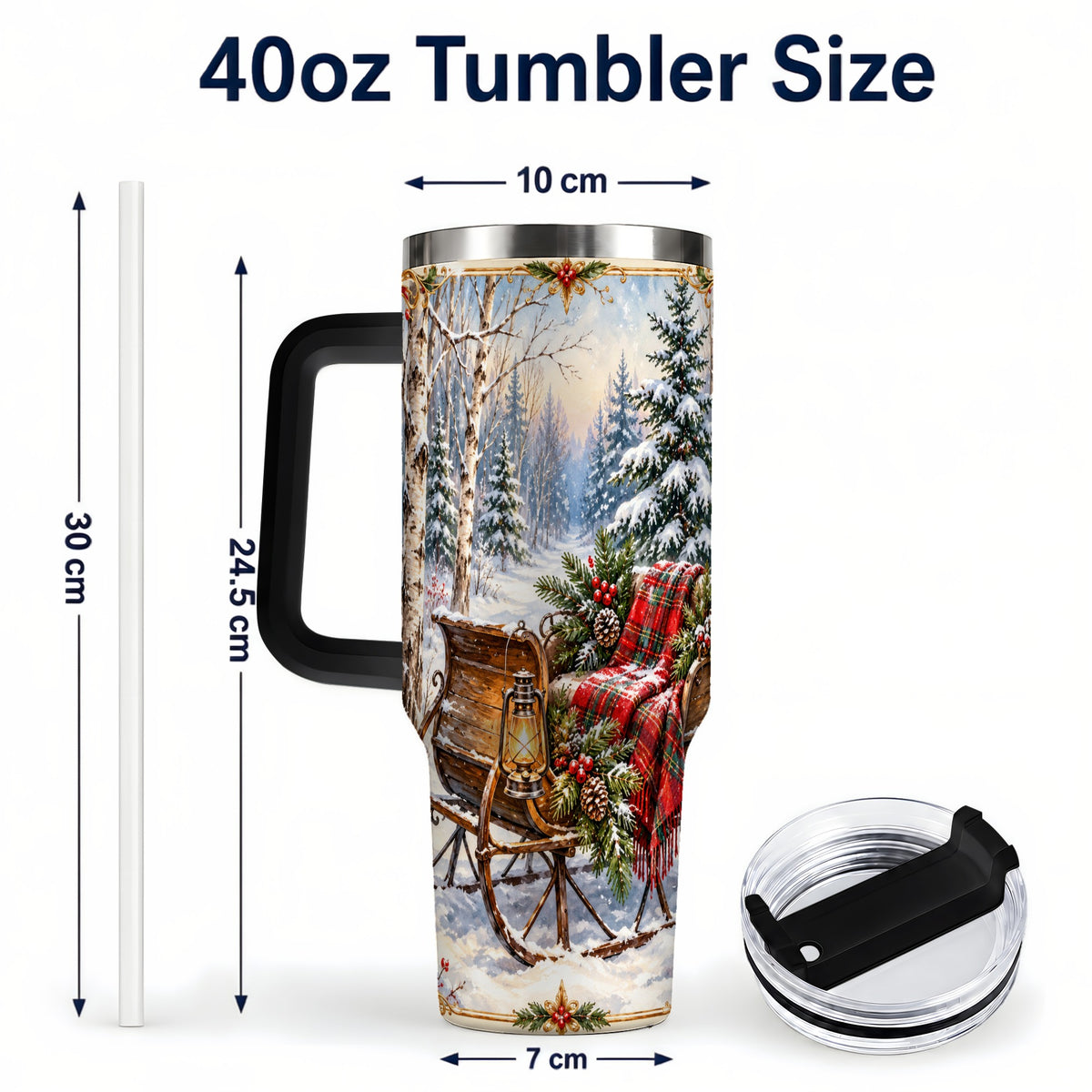 #pl[40oz|Black] Christmas Sleigh 40oz Tumbler with Handle, Winter Woodland Travel Cup