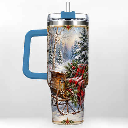 #pl[40oz|Blue] Christmas Sleigh 40oz Tumbler with Handle, Winter Woodland Travel Cup