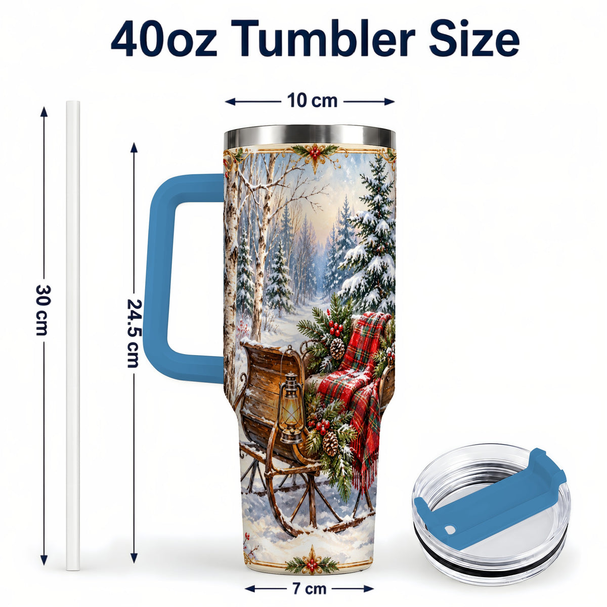 #pl[40oz|Blue] Christmas Sleigh 40oz Tumbler with Handle, Winter Woodland Travel Cup