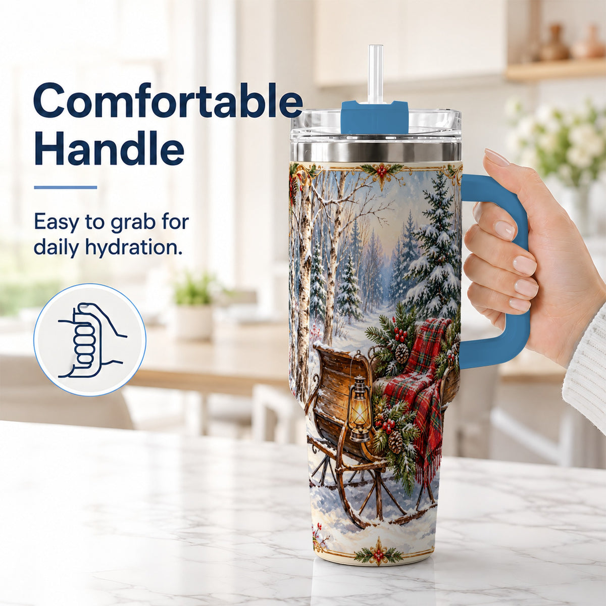 #pl[40oz|Blue] Christmas Sleigh 40oz Tumbler with Handle, Winter Woodland Travel Cup