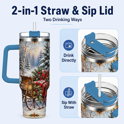 #pl[40oz|Blue] Christmas Sleigh 40oz Tumbler with Handle, Winter Woodland Travel Cup