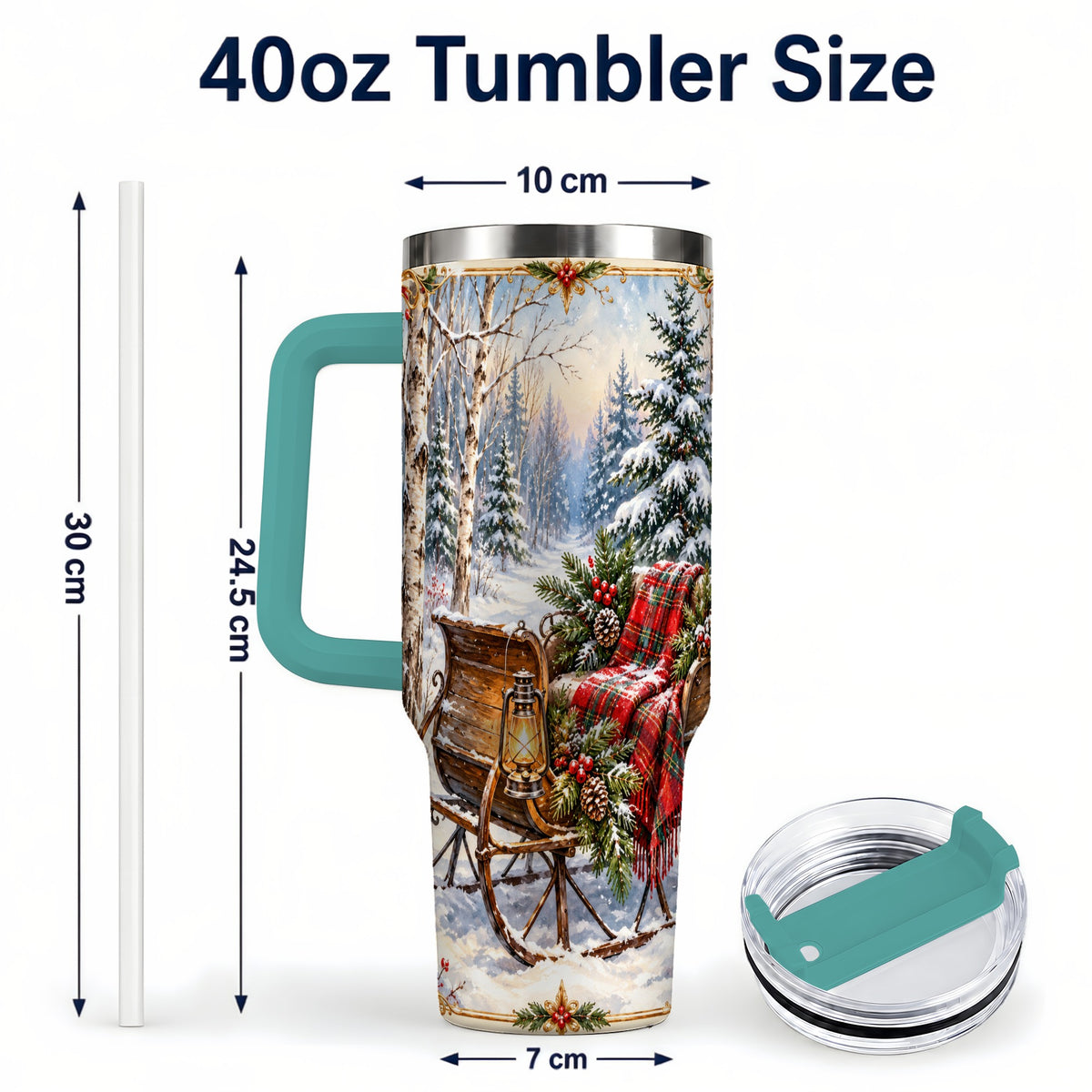 #pl[40oz|Green] Christmas Sleigh 40oz Tumbler with Handle, Winter Woodland Travel Cup