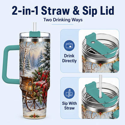 #pl[40oz|Green] Christmas Sleigh 40oz Tumbler with Handle, Winter Woodland Travel Cup