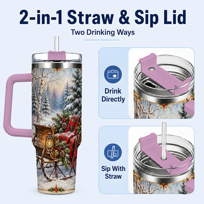 #pl[40oz|Pink] Christmas Sleigh 40oz Tumbler with Handle, Winter Woodland Travel Cup