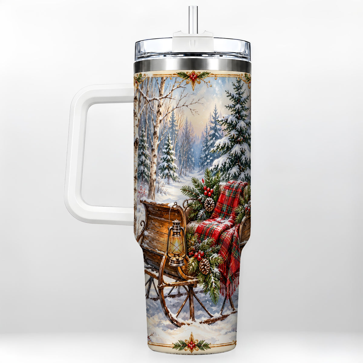 Christmas Sleigh 40oz Tumbler with Handle, Winter Woodland Travel Cup