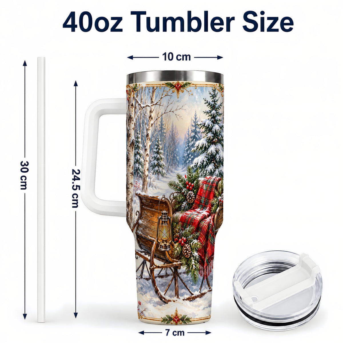 #pl[40oz|White] Christmas Sleigh 40oz Tumbler with Handle, Winter Woodland Travel Cup