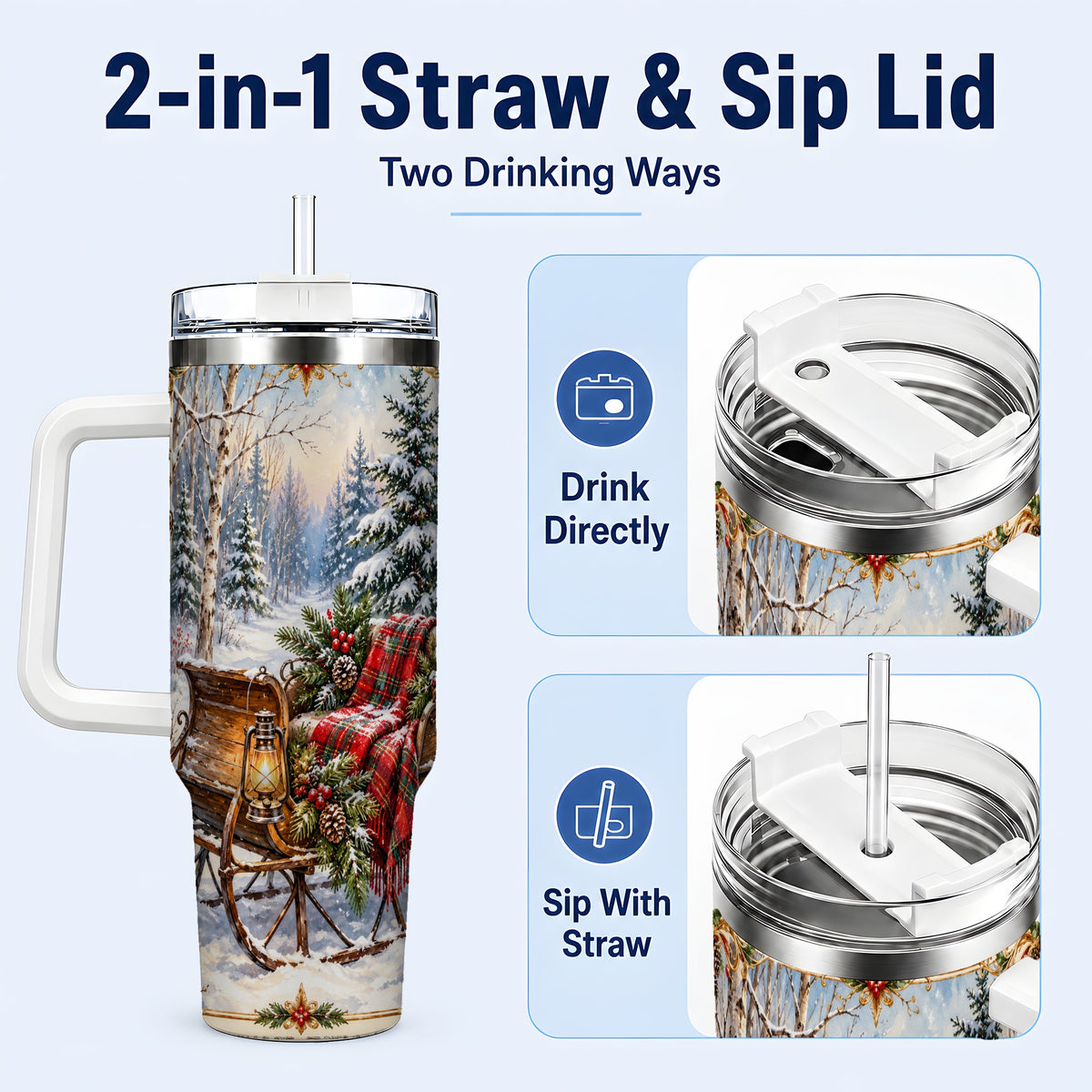 #pl[40oz|White] Christmas Sleigh 40oz Tumbler with Handle, Winter Woodland Travel Cup