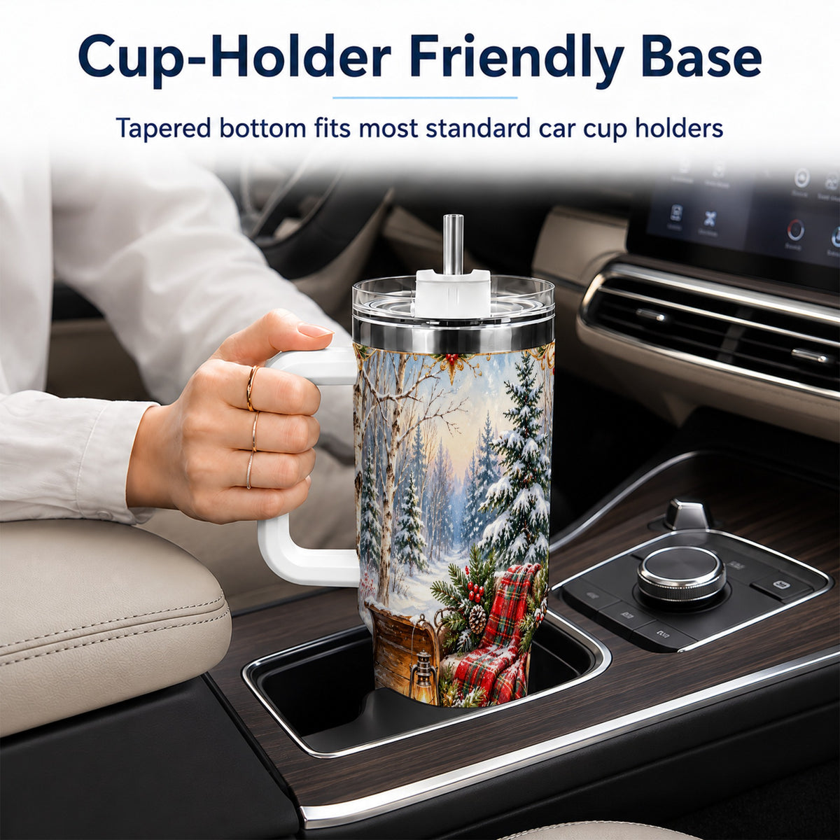 Christmas Sleigh 40oz Tumbler with Handle, Winter Woodland Travel Cup
