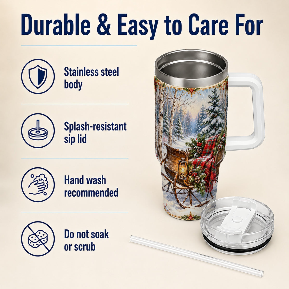 Christmas Sleigh 40oz Tumbler with Handle, Winter Woodland Travel Cup