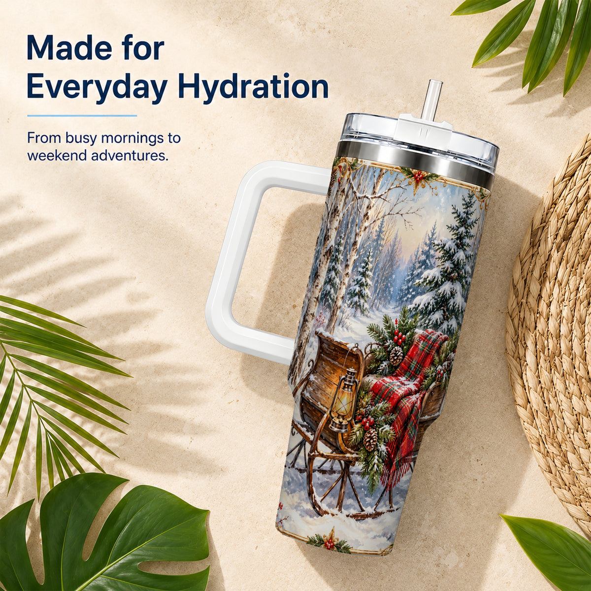 Christmas Sleigh 40oz Tumbler with Handle, Winter Woodland Travel Cup