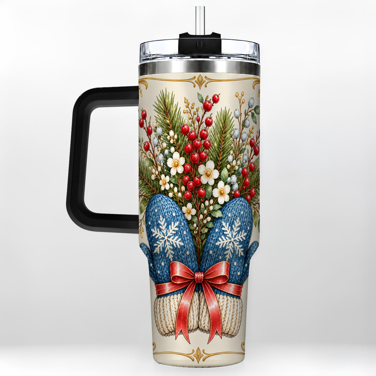 #pl[40oz|Black] Winter Mittens 40oz Tumbler with Handle, Botanical Holiday Travel Cup