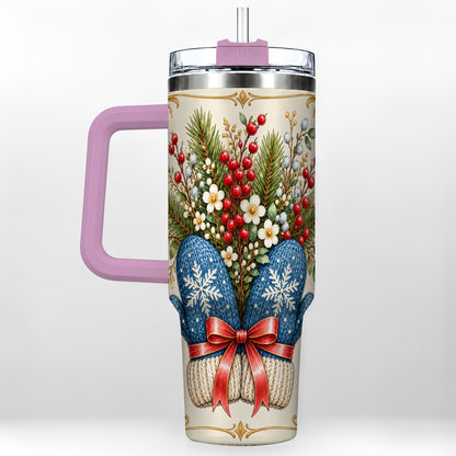 #pl[40oz|Pink] Winter Mittens 40oz Tumbler with Handle, Botanical Holiday Travel Cup